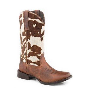 LADIES ROPER BOOTS TAN COW PRINT SQ TOE