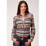 LADIES L / S SANDSTONE GREY AZTEC ROPER SHIRT