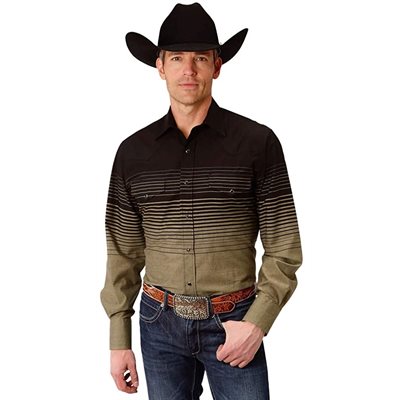 MENS L / S BLACK KHAKI STRIPE ROPER SHIRT